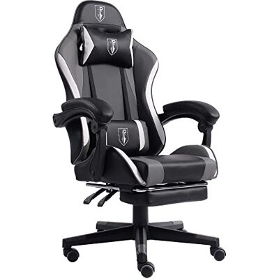 Trisens Chaise de gaming ergonomique en cuir avec accoudoirs rembourrés flexibles Avec repose-pieds extensible et coussin de soutien supplémentaire Couleur : noir/gris/blanc Trisens Chaise de gaming ergonomique en cuir avec accoudoirs rembourrés flexibles Avec repose-pieds extensible et coussin de soutien supplémentaire Couleur : noir/gris/blanc