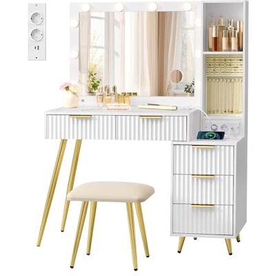 VASAGLE Coiffeuse avec Miroir et Tabouret, Table de Maquillage avec Tiroirs, Loupe 10x, Éclairage LED, Plateau à Bijoux, Multiprise, 40 x 110 x 135 cm, Blanc Nuage RVT020WB01 VASAGLE Coiffeuse avec Miroir et Tabouret, Table de Maquillage avec Tiroirs, Loupe 10x, Éclairage LED, Plateau à Bijoux, Multiprise, 40 x 110 x 135 cm, Blanc Nuage RVT020WB01