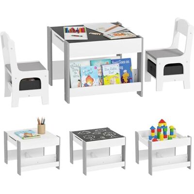 HOMCOM Ensemble 3 pièces Table et 2 chaises pour Enfant avec Plateau Table réversible Tableau Noir, Panier de Rangement, étagères Gris HOMCOM Ensemble 3 pièces Table et 2 chaises pour Enfant avec Plateau Table réversible Tableau Noir, Panier de Rangement, étagères Gris