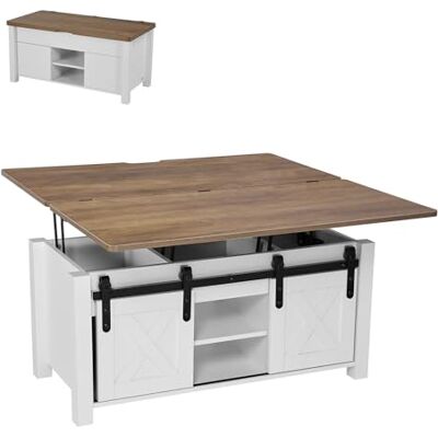 VEVOR Lift Top Table basse rustique 100 cm avec porte de grange et compartiment de rangement caché, plateau élévateur rectangulaire pour salon, bureau, maison, salon, marron et blanc VEVOR Lift Top Table basse rustique 100 cm avec porte de grange et compartiment de rangement caché, plateau élévateur rectangulaire pour salon, bureau, maison, salon, marron et blanc