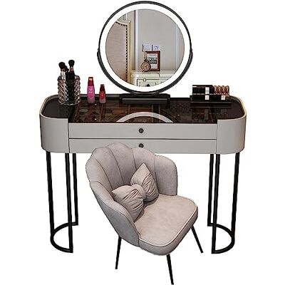 FHSLKXIM Coiffeuse de maquillage avec lumières, bureau de courtoisie avec miroir avec lumières à intensité variable, table de maquillage avec 2 tiroirs et plateau en verre, Vanity Ta, gris B, 80 cm FHSLKXIM Coiffeuse de maquillage avec lumières, bureau de courtoisie avec miroir avec lumières à intensité variable, table de maquillage avec 2 tiroirs et plateau en verre, Vanity Ta, gris B, 80 cm
