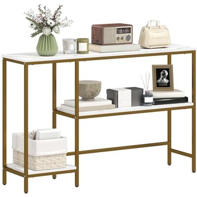 HOMCOM Console meuble 120 cm, table console 3 niveaux avec étagères de rangement, plateaux imitation marbre, cadre en métal, table d'entrée, salon, couloir, blanc et doré HOMCOM Console meuble 120 cm, table console 3 niveaux avec étagères de rangement, plateaux imitation marbre, cadre en métal, table d'entrée, salon, couloir, blanc et doré