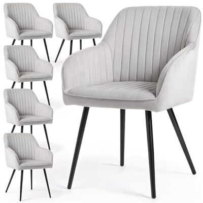AKORD Florence Lot de 6 chaises de salle à manger rembourrées en velours avec coutures décoratives et accoudoirs, pieds en métal noir, pour cuisine et salle à manger, 58 x 54,5 x 82 cm, gris AKORD Florence Lot de 6 chaises de salle à manger rembourrées en velours avec coutures décoratives et accoudoirs, pieds en métal noir, pour cuisine et salle à manger, 58 x 54,5 x 82 cm, gris