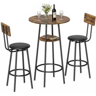 HOMCOM Table de bar + repose-pieds, cadre métal, brun rustique Table à manger, 2 chaises rembourrées, table bar indus., table cuisine + étagère, salle à manger, petit espace HOMCOM Table de bar + repose-pieds, cadre métal, brun rustique Table à manger, 2 chaises rembourrées, table bar indus., table cuisine + étagère, salle à manger, petit espace