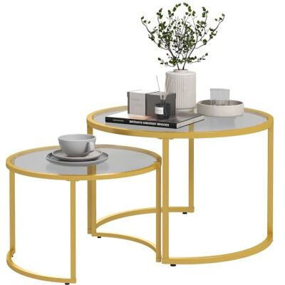 HOMCOM Lot de 2 Tables Basses Gigognes Rondes Design Moderne 70/54 cm Doré Plateau Verre Trempé, Pied en Acier au Carbone HOMCOM Lot de 2 Tables Basses Gigognes Rondes Design Moderne 70/54 cm Doré Plateau Verre Trempé, Pied en Acier au Carbone