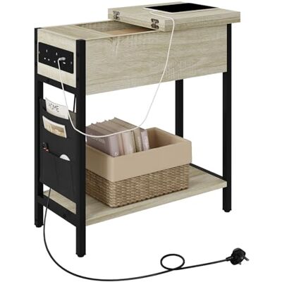 EUGAD table d'appoint avec station de charge et rangement, table basse avec espace de rangement, port USB, prise, sac, plateau pliable en chêne clair EUGAD table d'appoint avec station de charge et rangement, table basse avec espace de rangement, port USB, prise, sac, plateau pliable en chêne clair
