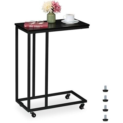 Relaxdays Table d'appoint en Forme de C, roulettes, mélange de matériaux, H x L x P : 79 x 60 x 30 cm, Noire Relaxdays Table d'appoint en Forme de C, roulettes, mélange de matériaux, H x L x P : 79 x 60 x 30 cm, Noire