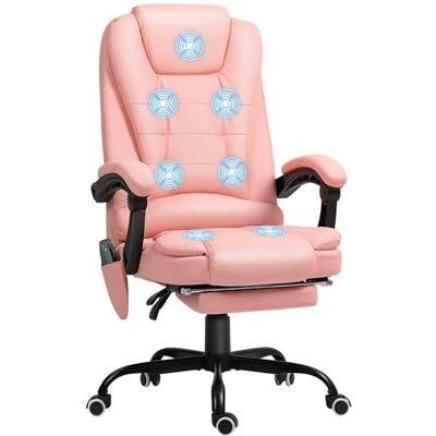 Vinsetto Chaise de bureau avec fonction massage, ergonomique, avec fonction allongée, réglable en hauteur, pivotante, avec télécommande, poche latérale, en cuir synthétique, rose Vinsetto Chaise de bureau avec fonction massage, ergonomique, avec fonction allongée, réglable en hauteur, pivotante, avec télécommande, poche latérale, en cuir synthétique, rose
