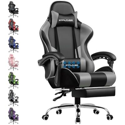 GTPLAYER Chaise de jeu, ergonomique, avec repose-pieds, appuie-tête, coussin lombaire rembourré, pivotant, gris GTPLAYER Chaise de jeu, ergonomique, avec repose-pieds, appuie-tête, coussin lombaire rembourré, pivotant, gris