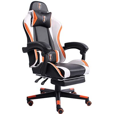Trisens Chaise de gaming au design racing avec accoudoirs rembourrés flexibles, ergonomique, aspect cuir, avec repose-pieds extensible et coussin de soutien supplémentaire, couleur : noir/blanc/orange Trisens Chaise de gaming au design racing avec accoudoirs rembourrés flexibles, ergonomique, aspect cuir, avec repose-pieds extensible et coussin de soutien supplémentaire, couleur : noir/blanc/orange