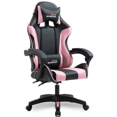 Amstrad AMS-800-PINK Fauteuil/Chaise de Bureau Gamer Coloris Noir & Rose Coussin Lombaire & appuie tête Amstrad AMS-800-PINK Fauteuil/Chaise de Bureau Gamer Coloris Noir & Rose Coussin Lombaire & appuie tête