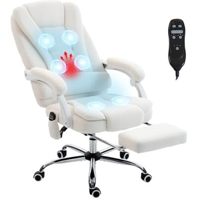 Vinsetto Fauteuil de bureau massant et chauffant, chaise de bureau, chaise ergonomique avec hauteur réglable, dossier inclinable et télécommande filaire, pivotant à 360°, en toile polaire Teddy, blanc Vinsetto Fauteuil de bureau massant et chauffant, chaise de bureau, chaise ergonomique avec hauteur réglable, dossier inclinable et télécommande filaire, pivotant à 360°, en toile polaire Teddy, blanc