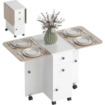 HOMCOM Table de Cuisine Pliable 2 Tiroirs 120 x 60 x 76,5 cm Blanc Chêne Table à Manger Pliante, 2 Plateaux Rabattables, 1 Placard, 1 Étagère de Rangement HOMCOM Table de Cuisine Pliable 2 Tiroirs 120 x 60 x 76,5 cm Blanc Chêne Table à Manger Pliante, 2 Plateaux Rabattables, 1 Placard, 1 Étagère de Rangement