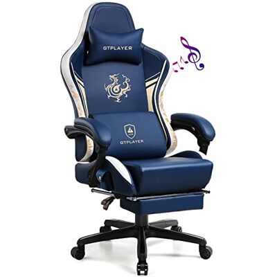 GTPLAYER Chaise de gaming Dragon Series avec haut-parleurs Bluetooth et repose-pieds Chaise de bureau ergonomique pivotante Bleu GTPLAYER Chaise de gaming Dragon Series avec haut-parleurs Bluetooth et repose-pieds Chaise de bureau ergonomique pivotante Bleu