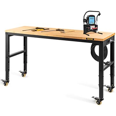 VEVOR Établi réglable en hauteur, 122 cm L x 61 cm l x 104 cm H, table de garage de 79 cm à 104 cm de hauteur, capacité de 725,7 kg, avec prises, plaque en bois dur, cadre en métal et roulettes VEVOR Établi réglable en hauteur, 122 cm L x 61 cm l x 104 cm H, table de garage de 79 cm à 104 cm de hauteur, capacité de 725,7 kg, avec prises, plaque en bois dur, cadre en métal et roulettes