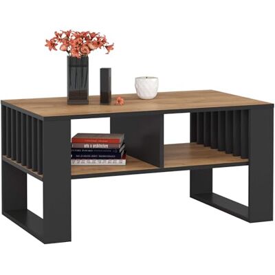 AKORD Rockford Table basse en bois avec étagère, 92 x 45 x 53 cm, pour salon, chambre à coucher, armoire, design minimaliste moderne, plaque stratifiée de 16 mm, couleur chêne artisanal et noir AKORD Rockford Table basse en bois avec étagère, 92 x 45 x 53 cm, pour salon, chambre à coucher, armoire, design minimaliste moderne, plaque stratifiée de 16 mm, couleur chêne artisanal et noir