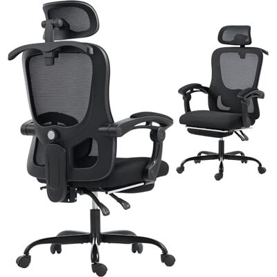 HOMCOM Chaise bureau ergonomique, fauteuil de bureau en maille, appuie-tête réglable, hauteur réglable, dossier inclinable, support lombaire, fonction à bascule, repose-pieds, pivotant à 360°, noir HOMCOM Chaise bureau ergonomique, fauteuil de bureau en maille, appuie-tête réglable, hauteur réglable, dossier inclinable, support lombaire, fonction à bascule, repose-pieds, pivotant à 360°, noir