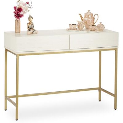 Relaxdays Table console, 2 tiroirs, buffet, couloir, salon, table de rangement, aspect bois, H x l x P : 80 x 110 x 40 cm, blanc/doré Relaxdays Table console, 2 tiroirs, buffet, couloir, salon, table de rangement, aspect bois, H x l x P : 80 x 110 x 40 cm, blanc/doré
