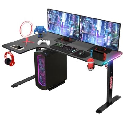 Todeco Bureau d'angle en forme de L, table de jeu LED, grand poste de jeu, avec bureau en fibre de carbone, avec porte-gobelet et crochets pour casque, 140 x 100 cm Todeco Bureau d'angle en forme de L, table de jeu LED, grand poste de jeu, avec bureau en fibre de carbone, avec porte-gobelet et crochets pour casque, 140 x 100 cm