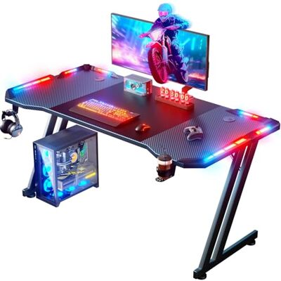 HLFURNIEU Bureau Gaming avec LED, Bureau Gamer 120 x 60 cm, Table Gaming Ergonomique, Bureau d'ordinateur Informatique avec Porte Gobelet et Crochet pour Casque, Noir HLFURNIEU Bureau Gaming avec LED, Bureau Gamer 120 x 60 cm, Table Gaming Ergonomique, Bureau d'ordinateur Informatique avec Porte Gobelet et Crochet pour Casque, Noir