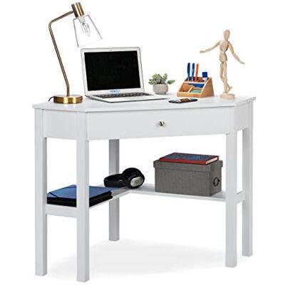 Relaxdays Bureau d'angle, étagère et tiroir, peu encombrant, bureau, bureau, style maison de campagne, H x P : 76 x 107 x 72 cm, blanc, 1 pièce Relaxdays Bureau d'angle, étagère et tiroir, peu encombrant, bureau, bureau, style maison de campagne, H x P : 76 x 107 x 72 cm, blanc, 1 pièce
