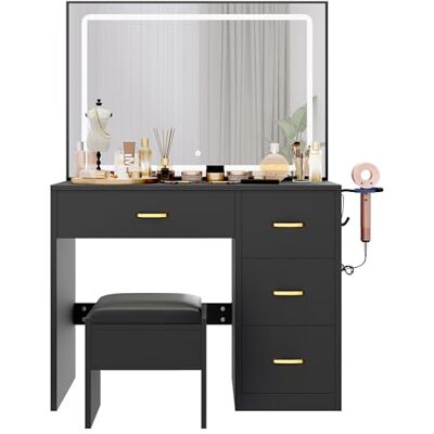 YITAHOME Coiffeuse avec miroir, 4 tiroirs, éclairage, prise de courant, noire (table de maquillage, coiffeuse, table de vanité) YITAHOME Coiffeuse avec miroir, 4 tiroirs, éclairage, prise de courant, noire (table de maquillage, coiffeuse, table de vanité)