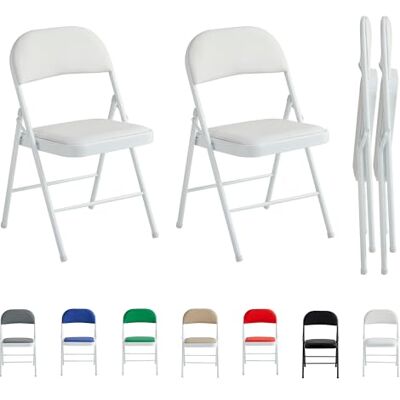 mcc direct Lot de 2 chaises pliantes en similicuir avec cadre en métal et siège rembourré, faciles à plier et à ranger pour la maison, le bureau, la salle à manger et la réception (blanc) mcc direct Lot de 2 chaises pliantes en similicuir avec cadre en métal et siège rembourré, faciles à plier et à ranger pour la maison, le bureau, la salle à manger et la réception (blanc)