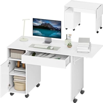 HOMCOM Bureau d'ordinateur sur roulettes avec Plateau Pliable, 130 x 58 cm, Table Informatique, tiroir, Placard, Compartiment et étagère réglable, Poste de Travail pour Petits espaces, Salon, Blanc HOMCOM Bureau d'ordinateur sur roulettes avec Plateau Pliable, 130 x 58 cm, Table Informatique, tiroir, Placard, Compartiment et étagère réglable, Poste de Travail pour Petits espaces, Salon, Blanc