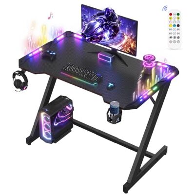 VASAGLE Bureau Gamer avec LED, Forme en Z, 100 x 60 x 76 cm Table de Jeu, Fibre de Carbone, Stable, pour Chambre, Noir de Carbone et Mat Zwart, Collection Bloss, LWD410B101 VASAGLE Bureau Gamer avec LED, Forme en Z, 100 x 60 x 76 cm Table de Jeu, Fibre de Carbone, Stable, pour Chambre, Noir de Carbone et Mat Zwart, Collection Bloss, LWD410B101