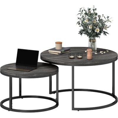 HOMCOM Lot de 2 Tables Basses gigognes, Table Basse Ronde, empilable, Design Industriel, Table Basse Salon, Pieds en métal HOMCOM Lot de 2 Tables Basses gigognes, Table Basse Ronde, empilable, Design Industriel, Table Basse Salon, Pieds en métal