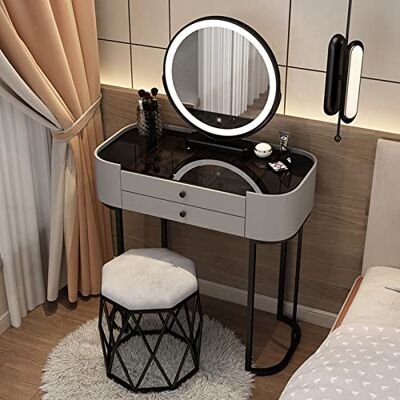 WMXZHJ Ensemble de coiffeuse, bureau de coiffeuse moderne, table de maquillage et tabouret rembourré, avec miroir à intensité variable à écran tactile, 3 modes d'éclairage de couleur, pour femmes et WMXZHJ Ensemble de coiffeuse, bureau de coiffeuse moderne, table de maquillage et tabouret rembourré, avec miroir à intensité variable à écran tactile, 3 modes d'éclairage de couleur, pour femmes et