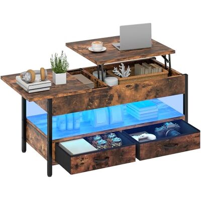 YITAHOME Table Basse Relevable, Table Basse Salon avec Ruban LED RGB et 2 Tiroirs, 106 x50x51,5cm, avec Plateau élévateur et Rangement Caché, Idéal pour Le Salon YITAHOME Table Basse Relevable, Table Basse Salon avec Ruban LED RGB et 2 Tiroirs, 106 x50x51,5cm, avec Plateau élévateur et Rangement Caché, Idéal pour Le Salon