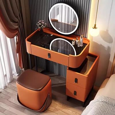 CWCQGH Bureau de maquillage LED avec miroir rotatif à 360°, coiffeuse en verre trempé, ensemble de table de maquillage verte avec tabouret et rangement, station de maquillage lumineuse élégante CWCQGH Bureau de maquillage LED avec miroir rotatif à 360°, coiffeuse en verre trempé, ensemble de table de maquillage verte avec tabouret et rangement, station de maquillage lumineuse élégante