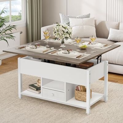 YITAHOME Table basse relevable avec tiroirs, table relevable multifonction 4 en 1 avec espace de rangement, se transforme en table de salle à manger pour salon, salle à manger, blanc et gris YITAHOME Table basse relevable avec tiroirs, table relevable multifonction 4 en 1 avec espace de rangement, se transforme en table de salle à manger pour salon, salle à manger, blanc et gris