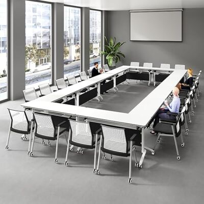 DRFGNF Table de conférence avec plateau blanc, table de conférence pliable, table d'entraînement mobile à rabat avec roues verrouillables, bureau mobile avec panneau d'intimité, c DRFGNF Table de conférence avec plateau blanc, table de conférence pliable, table d'entraînement mobile à rabat avec roues verrouillables, bureau mobile avec panneau d'intimité, c