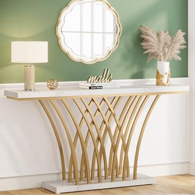 Tribesigns Table console dorée 150 x 29,5 x 80 cm Moderne Avec pied en métal en forme de grille Pour entrée, couloir, entrée, salon (blanc et doré) Tribesigns Table console dorée 150 x 29,5 x 80 cm Moderne Avec pied en métal en forme de grille Pour entrée, couloir, entrée, salon (blanc et doré)