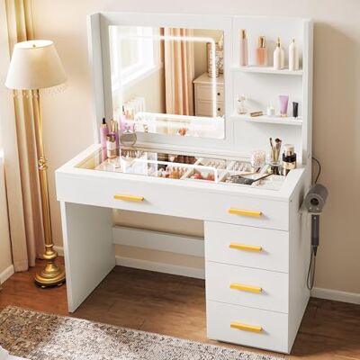 YITAHOME Coiffeuse éclairée Miroir Tabouret Lumière réglable 5 tiroirs Compartiments ouverts Blanc YITAHOME Coiffeuse éclairée Miroir Tabouret Lumière réglable 5 tiroirs Compartiments ouverts Blanc