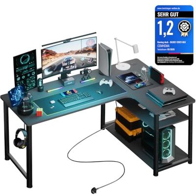 COMHOMA Bureau Gaming en Forme de L, Bureau d’Angle avec Étagères Rangement, Table imformatique avec Port de Charge USB et Prise de Courant, 120L*80P*74H, pour Jouer, Travailler COMHOMA Bureau Gaming en Forme de L, Bureau d’Angle avec Étagères Rangement, Table imformatique avec Port de Charge USB et Prise de Courant, 120L*80P*74H, pour Jouer, Travailler