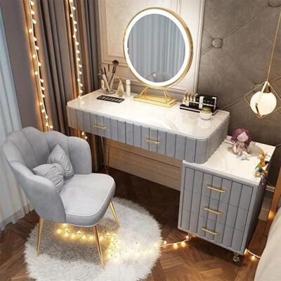 AnYaBinni Coiffeuse avec miroir à lumières LED, avec luminosité réglable en 3 couleurs, table de maquillage avec 5 tiroirs, table de maquillage moderne avec chaise en velours pour filles et femmes, L : 80 cm AnYaBinni Coiffeuse avec miroir à lumières LED, avec luminosité réglable en 3 couleurs, table de maquillage avec 5 tiroirs, table de maquillage moderne avec chaise en velours pour filles et femmes, L : 80 cm