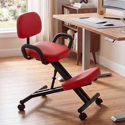 Mendler HWC-Q22 Chaise genoux avec dossier réglable en hauteur et roulettes en cuir synthétique et métal Rouge Mendler HWC-Q22 Chaise genoux avec dossier réglable en hauteur et roulettes en cuir synthétique et métal Rouge