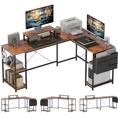 HOMCOM Bureau d'angle réversible, 168-240 cm, bureau d'ordinateur avec étagère réglable, support d'écran, crochets et sac de rangement, table informatique pour chambre ou coin travail, brun rustique HOMCOM Bureau d'angle réversible, 168-240 cm, bureau d'ordinateur avec étagère réglable, support d'écran, crochets et sac de rangement, table informatique pour chambre ou coin travail, brun rustique