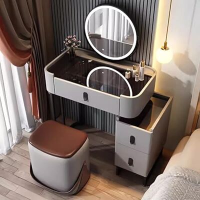 CWCQGH Bureau de maquillage LED avec miroir rotatif à 360°, coiffeuse en verre trempé, ensemble de table de maquillage verte avec tabouret et rangement, station de maquillage lumineuse élégante, rose CWCQGH Bureau de maquillage LED avec miroir rotatif à 360°, coiffeuse en verre trempé, ensemble de table de maquillage verte avec tabouret et rangement, station de maquillage lumineuse élégante, rose