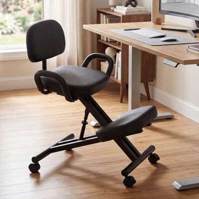 Mendler HWC-Q22 Chaise genoux avec dossier réglable en hauteur et roulettes en cuir synthétique et métal Noir Mendler HWC-Q22 Chaise genoux avec dossier réglable en hauteur et roulettes en cuir synthétique et métal Noir