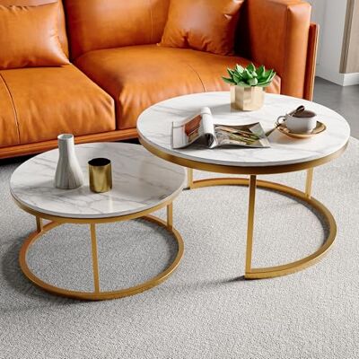 FEEOHOME Lot de 2 tables basses rondes en bois avec cadre de support en métal pour salon, balcon (doré) FEEOHOME Lot de 2 tables basses rondes en bois avec cadre de support en métal pour salon, balcon (doré)