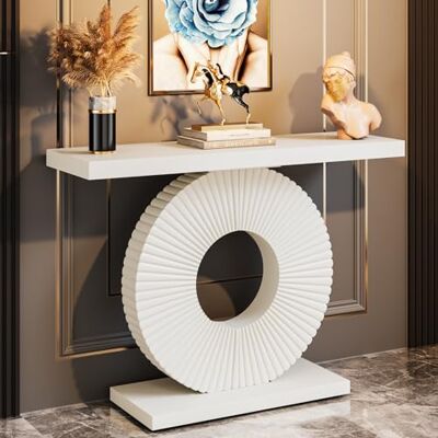 Tribesigns Table console avec base ronde en forme de fleur Table d'appoint étroite en bois pour salon, couloir, chambre à coucher Style maison de campagne 100 x 30 x 79 cm Blanc Tribesigns Table console avec base ronde en forme de fleur Table d'appoint étroite en bois pour salon, couloir, chambre à coucher Style maison de campagne 100 x 30 x 79 cm Blanc