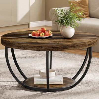 Tribesigns Table basse ronde industrielle à 2 niveaux avec étagères de rangement, table centrale moderne en bois de 80,5 cm pour salon, bureau à domicile, marron rustique Tribesigns Table basse ronde industrielle à 2 niveaux avec étagères de rangement, table centrale moderne en bois de 80,5 cm pour salon, bureau à domicile, marron rustique