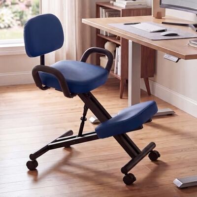 Mendler HWC-Q22 Chaise genoux avec dossier réglable en hauteur et roulettes en cuir synthétique et métal Bleu Mendler HWC-Q22 Chaise genoux avec dossier réglable en hauteur et roulettes en cuir synthétique et métal Bleu