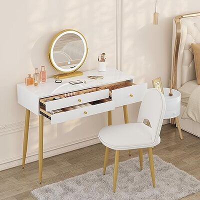 WOLTU Ensemble Coiffeuse avec Miroir LED Réglable et Chaise en Velours, Table de Maquillage avec 3 Tiroirs en Bois Massif, Grand Plateau 100x40cm, Bureau Coiffeuse, Blanc+Crème+Or, MB6105ws WOLTU Ensemble Coiffeuse avec Miroir LED Réglable et Chaise en Velours, Table de Maquillage avec 3 Tiroirs en Bois Massif, Grand Plateau 100x40cm, Bureau Coiffeuse, Blanc+Crème+Or, MB6105ws