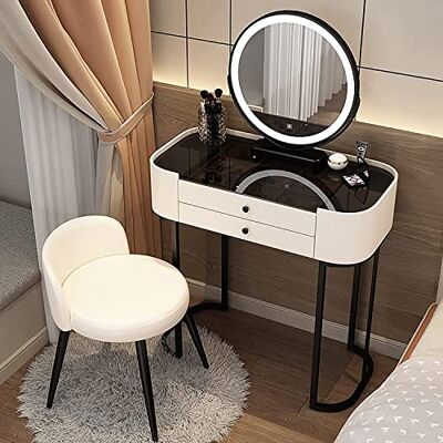 CWCQGH Bureau de coiffeuse avec miroir LED, éclairage intelligent 3 couleurs, verre trempé noir, pieds en fer robustes, tabouret et chaise, table de maquillage élégante pour chambre à coucher ou CWCQGH Bureau de coiffeuse avec miroir LED, éclairage intelligent 3 couleurs, verre trempé noir, pieds en fer robustes, tabouret et chaise, table de maquillage élégante pour chambre à coucher ou