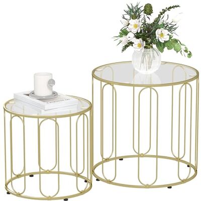HOMCOM Lot de 2 Tables Basses, d'Appoint Gigognes et Empilables, Rondes Modernes avec Cadre en Métal et Plateau en Verre Trempé, pour Salon et Chambre, Ton Doré HOMCOM Lot de 2 Tables Basses, d'Appoint Gigognes et Empilables, Rondes Modernes avec Cadre en Métal et Plateau en Verre Trempé, pour Salon et Chambre, Ton Doré